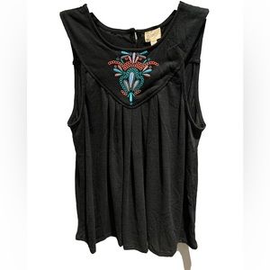 GRIEGE Black Sleeveless Swing Tank Top Embroidered Bodice 3 Button Back SZ L